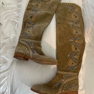 Frye Tan Embroidered Over the Knee Boots